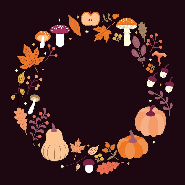Marco redondo con temas de otoño con hojas coloridas calabazas bellotas y setas fondo negro