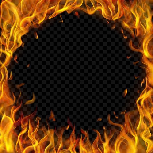 Marco redondo translúcido hecho de llamas de fuego y chispas sobre fondo transparente. Para usar en ilustraciones oscuras. Transparencia solo en formato vectorial
