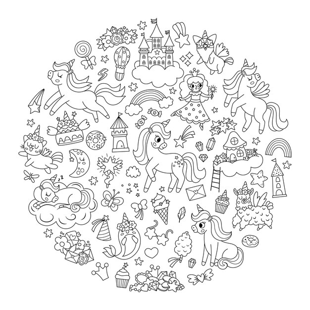 Marco redondo vectorial en blanco y negro para fiesta de unicornio Diseño de plantillas de tarjetas de línea de cuento de hadas para pancartas invitaciones postales redes sociales Ilustración o página de colorear del mundo de la fantasía mágica linda