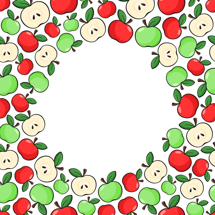Vector marco redondo vectorial con espacio de copia manzanas rojas y verdes cortadas en rodajas y semillas sobre fondo blanco