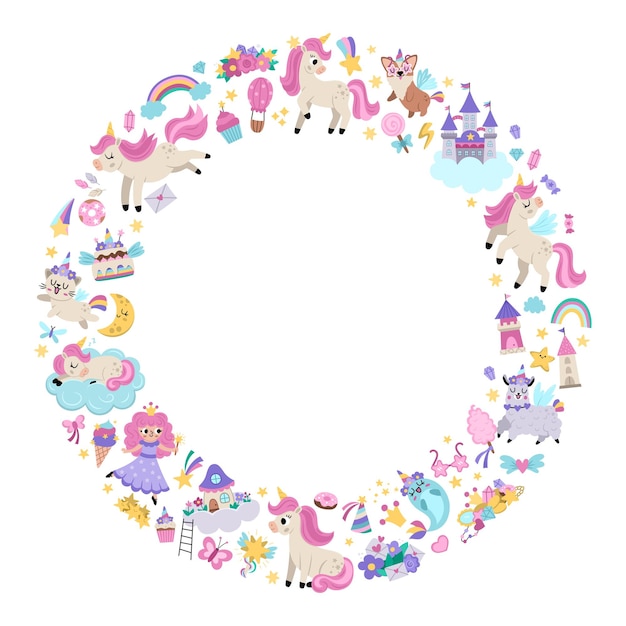 Marco redondo vectorial para fiesta de unicornio Diseño de plantillas de tarjetas de cuento de hadas para pancartas invitaciones postales redes sociales Ilustración de mundo de fantasía mágico con animales hadas estrellas arco iris cristalesxA