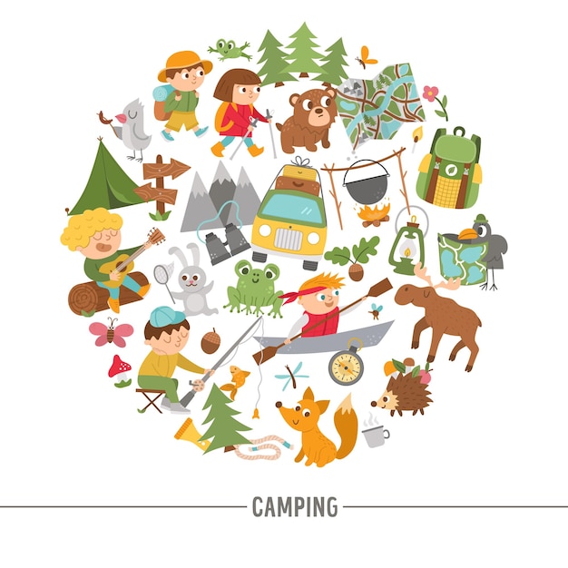 Marco redondo vectorial con lindos elementos de animales del bosque cómico y niños haciendo actividades de campamento de verano Diseño de plantilla de tarjeta con niños en vacaciones para pancartas carteles invitaciones xA