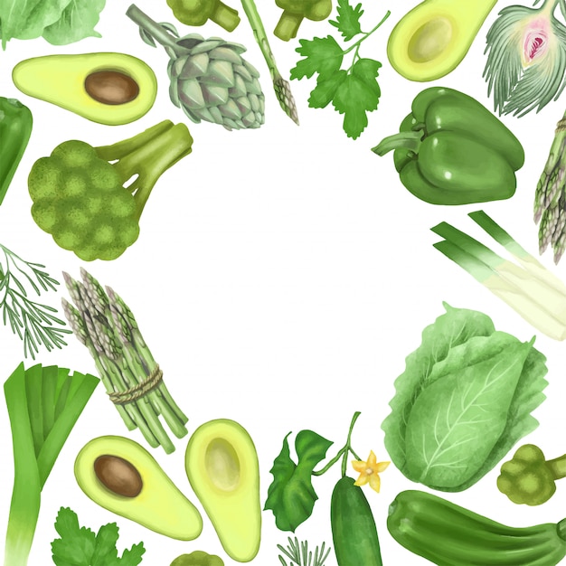 Vector marco redondo de vegetales y frutas verdes (aguacate, pimiento, pepino, alcachofa, brócoli, repollo, espárragos)