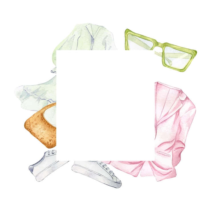 Vector marco de ropa vestido blanco bolso gafas de sol zapatillas acuarela ilustración aislado en blanco