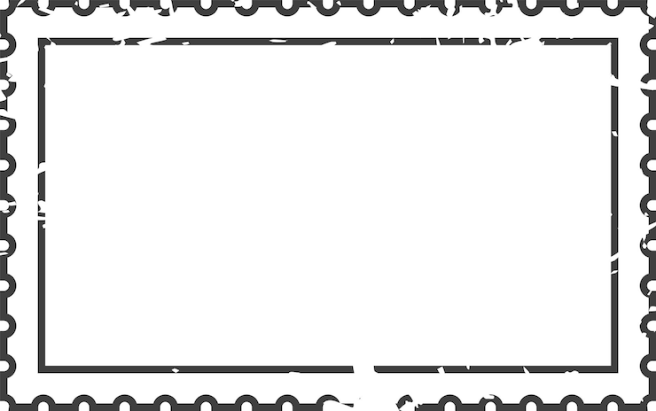 Vector marco de sello postal rectangular vacío con bordes grunge y perforaciones circulares que proporcionan espacio para diseño o texto personalizado