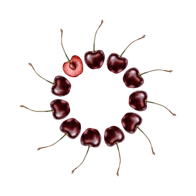Marco simple de bayas de cereza dulce corona redonda de frutas de cereza con tallo y mitad de baya aislada acuarela dibujada a mano plantilla de verano para bebidas embalaje de mercancías tarjeta de felicitación cosmética