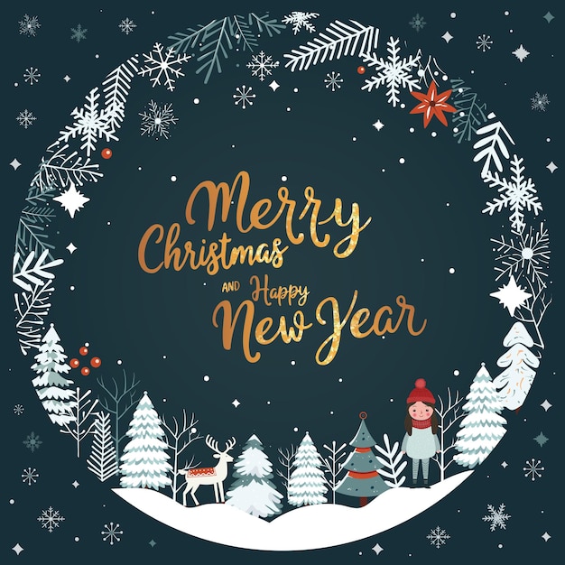 Marco de tarjetas de Navidad con copos de nieve, árboles y letras doradas Concepto de invierno en estilo escandinavo Poster de Feliz Navidad de Año Nuevo