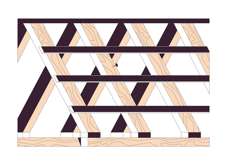 Vector marco de techo de madera objeto de dibujos animados lineal 2d techos residenciales estructura inacabada elemento vectorial de línea aislada fondo blanco edificio de reconstrucción ilustración de punto plano en color del sitio de construcción