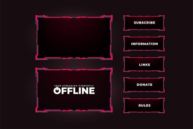 Marco de transmisión de juegos en vivo con formas digitales para jugadores Diseño de panel de superposición de transmisión oscura con bordes de color rojo Vector de diseño de pantalla de juego futurista para transmisores en línea