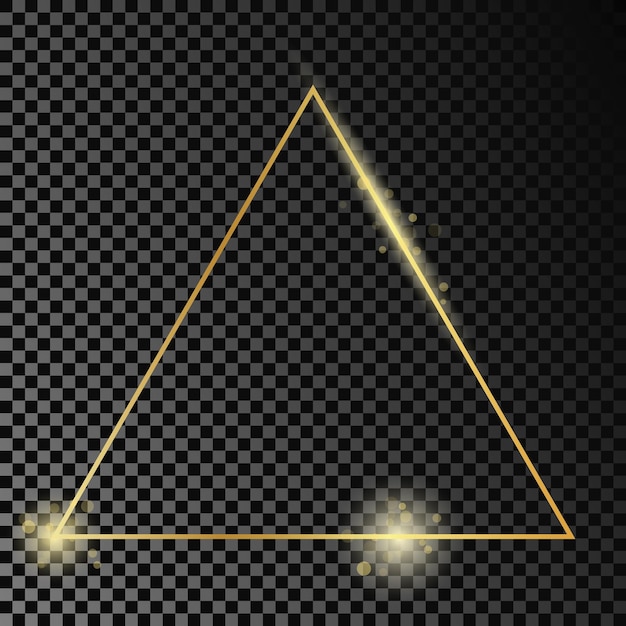Marco triangular dorado brillante aislado sobre fondo transparente oscuro Marco brillante con efectos brillantes Ilustración vectorial