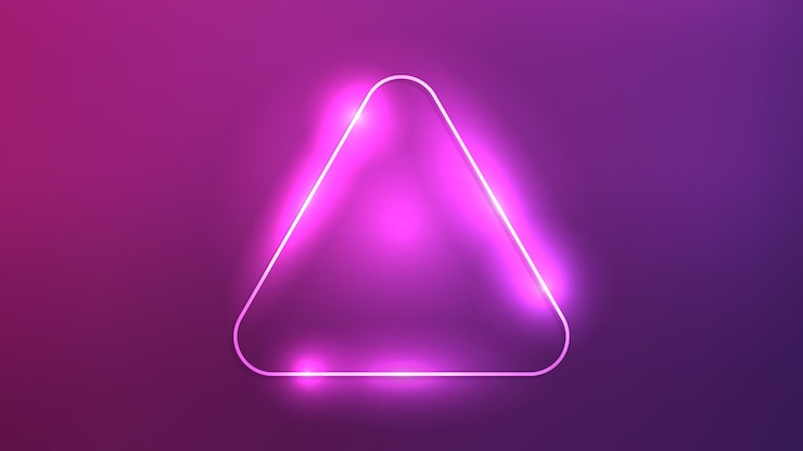 Vector marco triangular redondeado de neón con efectos brillantes sobre un fondo púrpura oscuro telón de fondo tecnológico brillante vacío ilustración vectorial