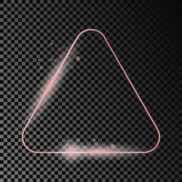 Vector marco de triángulo redondeado brillante de oro rosa aislado sobre fondo transparente oscuro marco brillante con efectos brillantes ilustración vectorial