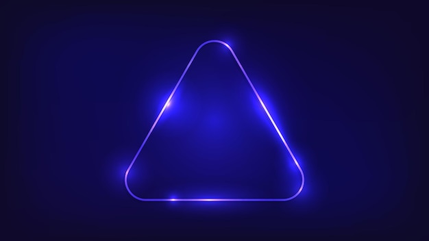 Marco de triángulo redondeado de neón con efectos brillantes sobre fondo oscuro Telón de fondo techno brillante vacío Ilustración vectorial