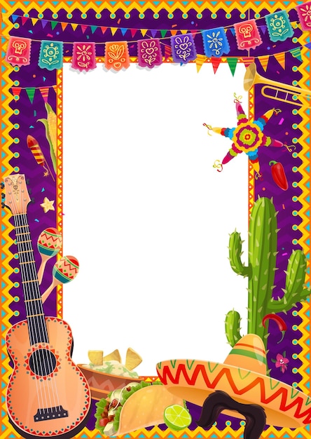 Marco de vacaciones mexicano con comida de guitarra y banderas
