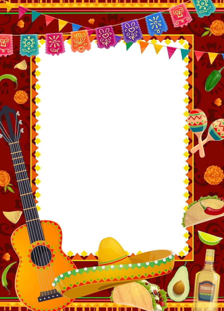 Vector marco de vacaciones mexicano sombrero guitarra maracas