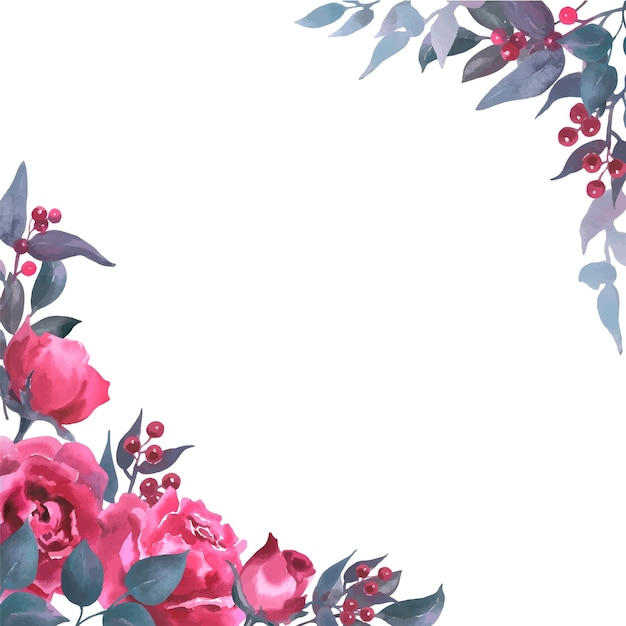Marco con vector de acuarela viva mangenta rosas brotes hojas de eucalipto y bayas rojas frasco rosa dibujado a mano elemento de clipart aislado