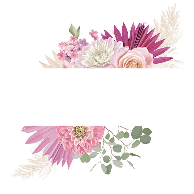 Marco de vector de boda floral acuarela. hierba de la pampa, rosa, flores de dalia, plantilla de borde de hojas de palma seca para ceremonia de matrimonio, tarjeta de invitación de lujo, banner hawaiano de verano boho