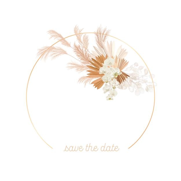 Marco de vector de boda floral boho. Hierba de la pampa de acuarela, flores de orquídeas, hojas de palma seca plantilla de borde para ceremonia de matrimonio, tarjeta de invitación mínima, banner decorativo de verano