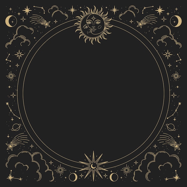 Vector marco de vector mágico con sol, luna, estrellas y constelaciones. adorno elegante de oro. marco místico para tarot, esotérico, diseño de astrología. plantilla para póster e impresiones.