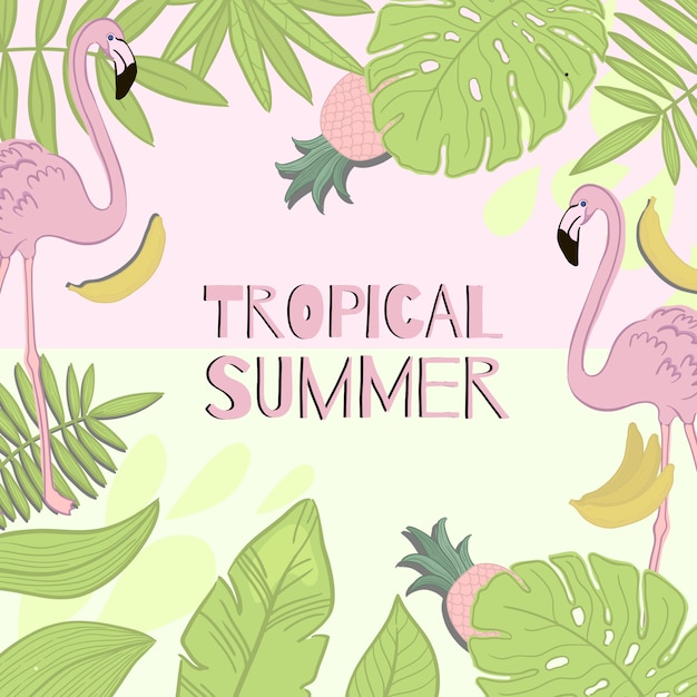 Marco vector tropical de verano. hojas verdes, flamenco, plátano, piña.