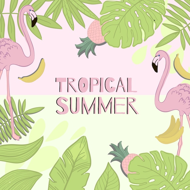 Marco vector tropical de verano. Hojas verdes, flamenco, plátano, piña.