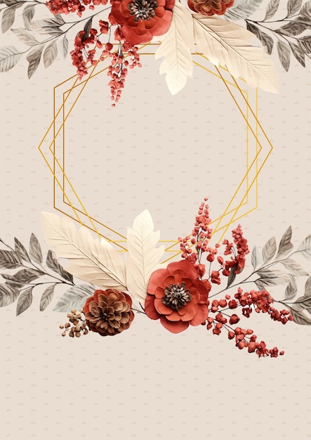 Marco vectorial blanco marrón y beige con fondo de patrón de follaje con flora y flores