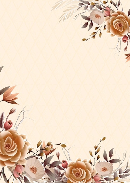 Marco vectorial blanco marrón y beige con fondo de patrón de follaje con flora y flores