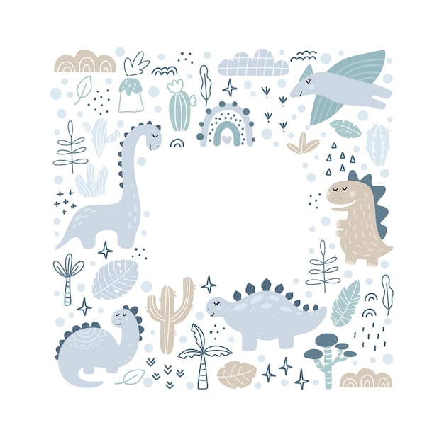 Marco vectorial circular con dinosaurios y dino con letras a mano con lugar para el texto sobre fondo blanco. Tarjeta de felicitación.
