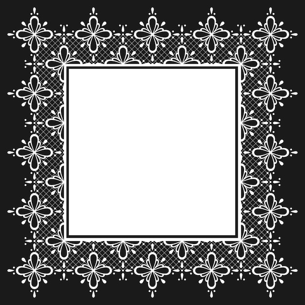Marco vectorial con espacio de copia Ornamento de encaje blanco sobre fondo negro Ficha de papel en marco cuadrado