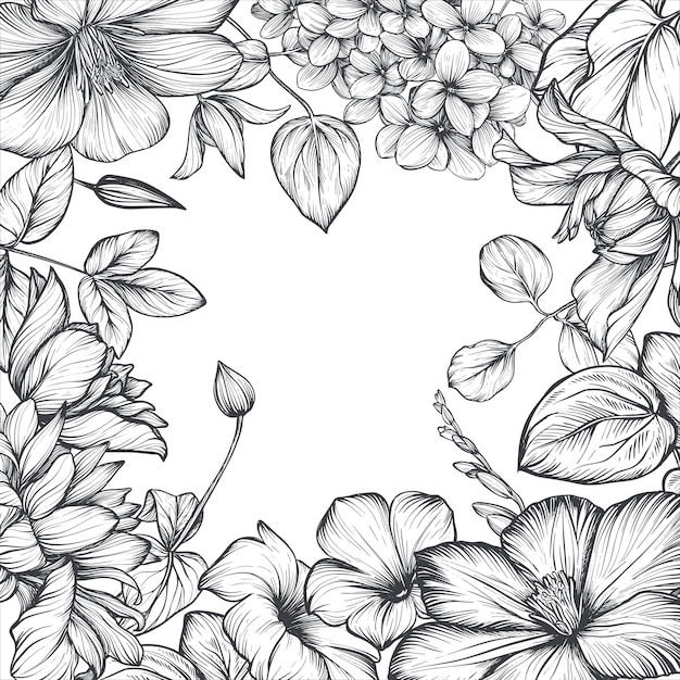 Marco vectorial con flores y hojas de jardín dibujadas a mano. Lo mejor para tarjetas de felicitación por invitación.