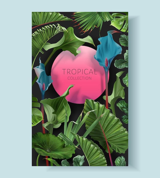 Marco vectorial con hojas tropicales verdes y flores azules sobre un fondo rosa