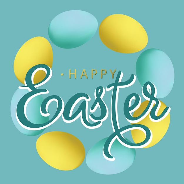 Marco vectorial con huevos de Pascua amarillos y azules realistas Saludo de letras Feliz Pascua Vector