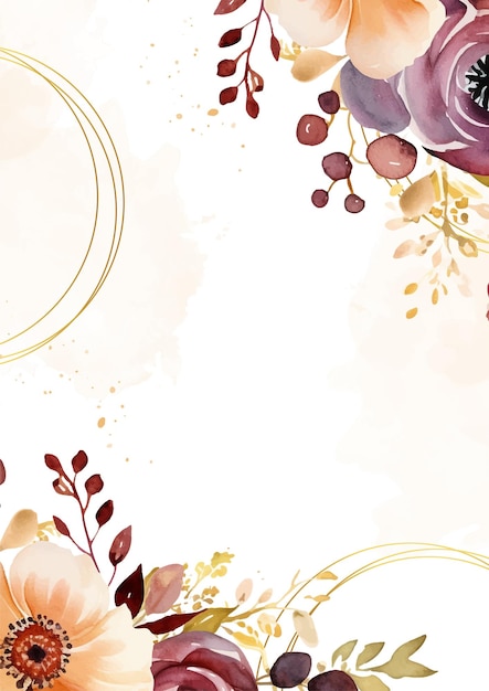 Marco vectorial de melocotón y rojo con fondo de patrón de follaje con flora y flores