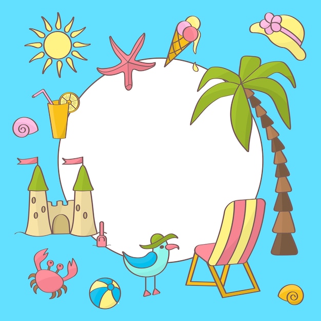 Vector marco vectorial sobre el tema de las vacaciones de verano en el mar sobre un fondo azul