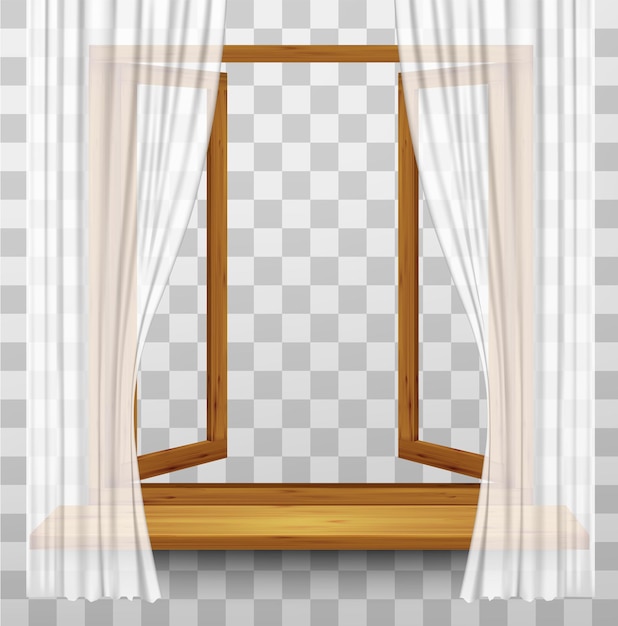 Marco de ventana de madera con cortinas sobre un fondo transparente. vector