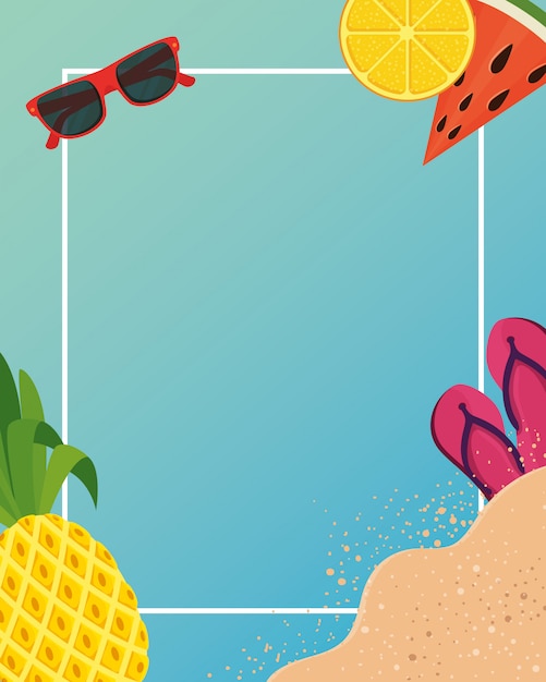 Vector marco de verano con iconos tropicales