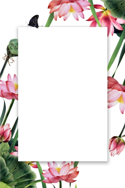 Marco vertical botánico con flores de loto rosa deja brotes