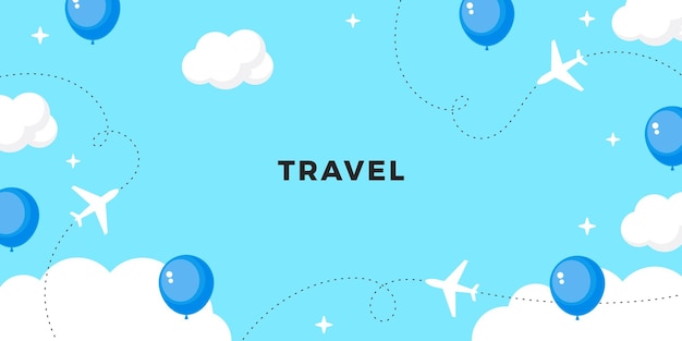 Marco de viaje con aviones globos y nubes en fondo azul