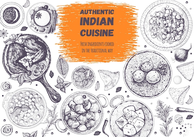 Marco de vista superior de cocina india Diseño de menú de comida india Ilustración de vector de boceto dibujado a mano vintage