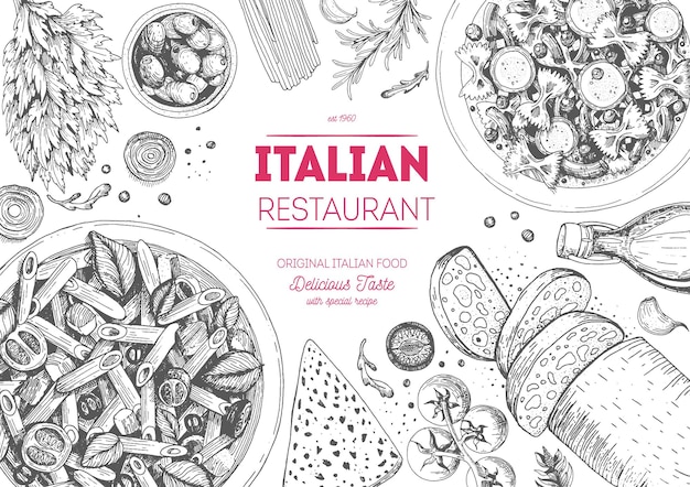 Marco de vista superior de la cocina italiana. Platos italianos clásicos Ilustración de vector de boceto dibujado a mano