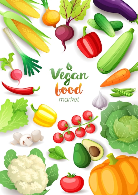 Marco de vista superior de verduras. Diseño de carteles verticales del mercado de alimentos veganos. Verduras frescas coloridas, comida sana orgánica