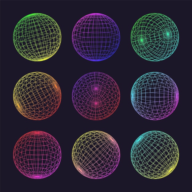 Marcos de alambre de neón formas alineadas esfera malla de perspectiva cuadrícula 3D bajos elementos poli geométricos retro