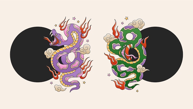 Marcos de año nuevo de serpiente con el símbolo de la serpiente estilo tradicional oriental de tatuaje conjunto de dos pitones