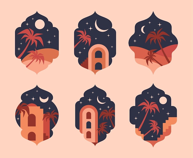 Marcos de arco orientales Ventanas musulmanas árabes marcos sinuosos con mezquita de palmeras y conjunto de ilustración de vector plano de cielo nocturno