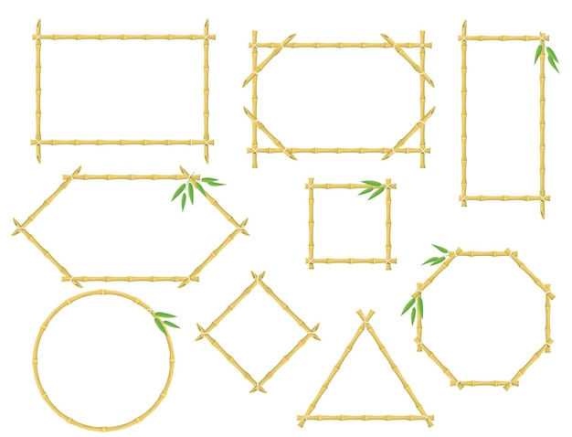 Marcos de bambú signos de palos de madera japoneses y chinos bordes de pancartas decorativas letrero hawaiano de dibujos animados objetos vectoriales ordenados
