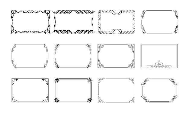 Marcos y bordes decorativos vintage en blanco y negro establecen adornos rectangulares de marco ornamental retro