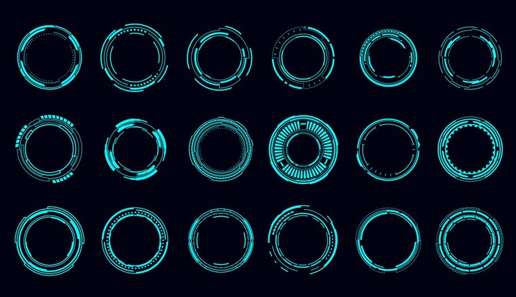Vector marcos y bordes redondos de hud, control de puntería e interfaz digital, vector. tecnología hud y juego tecnológico futuro, bordes de destino y marcos de hologramas, botones de visualización de la interfaz de usuario de datos de usuario y radares