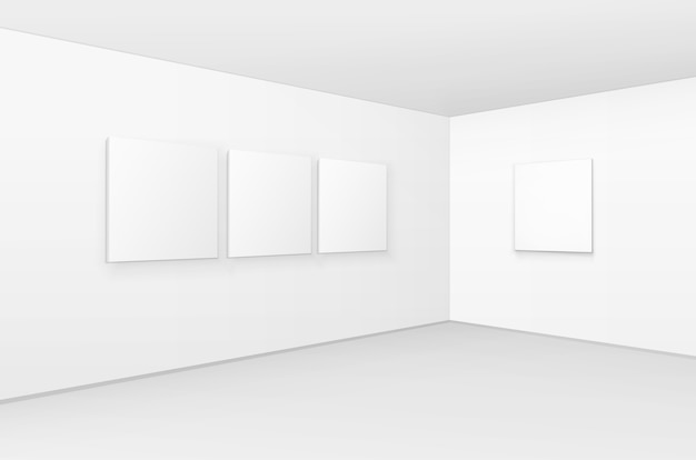 Vector marcos de cuadros de carteles en blanco en las paredes con piso en la galería