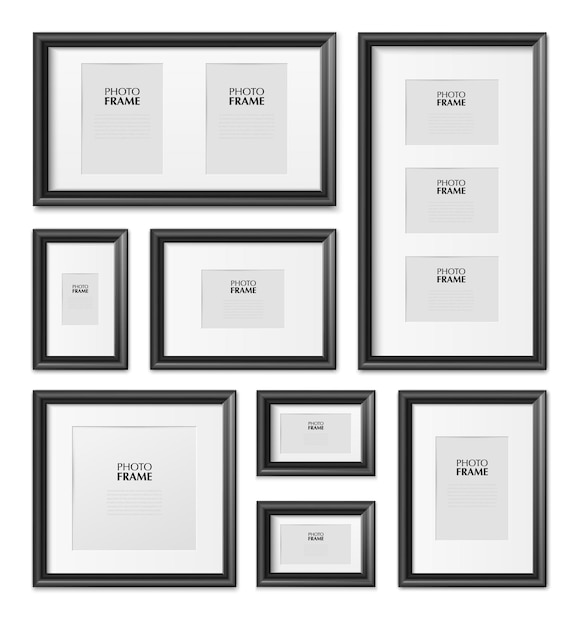 Vector marcos de cuadros rectangulares negros delgados de diferentes tamaños de madera, metal, plástico, juego de maquetas realistas