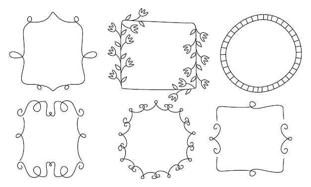 Vector marcos de dibujo de líneas retro, cintas, flores, decoraciones y plantas